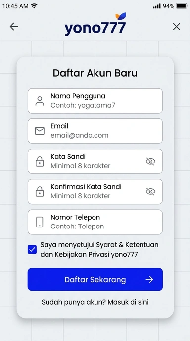 Tampilan halaman daftar yono777